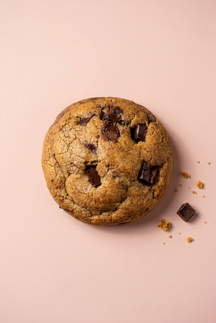 Brown butter chocolate chip cookie with dark chocolate chunks on a blush pink background, shown from above